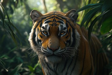 Fototapeta premium A majestic tiger appears amid lush green jungle vegetation
