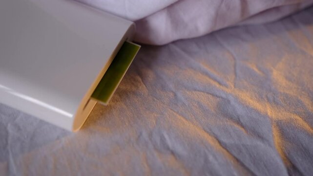 A compact pocket-sized white printer on bed prints polaroid style photo with green screen in minimalist design modern technology creative process cozy atmosphere vibrant details portable convenience