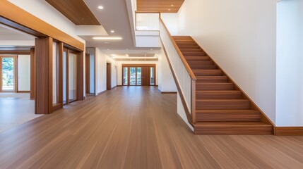 Fototapeta premium Modern interior of a spacious home featuring wooden stairs and large windows, showcasing natural light