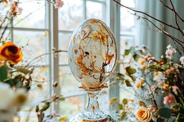 Adorable bunnies and colorful easter eggs by cozy fireplace