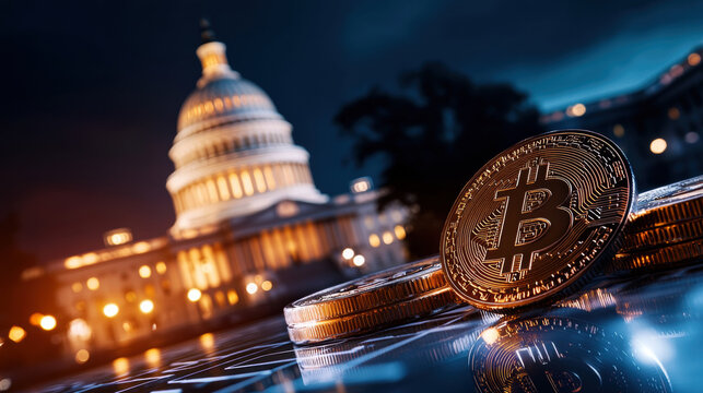Bitcoin coins in front of united states capitol building symbolize global economy