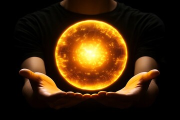 Person holding energy sphere. Black background. Science concept