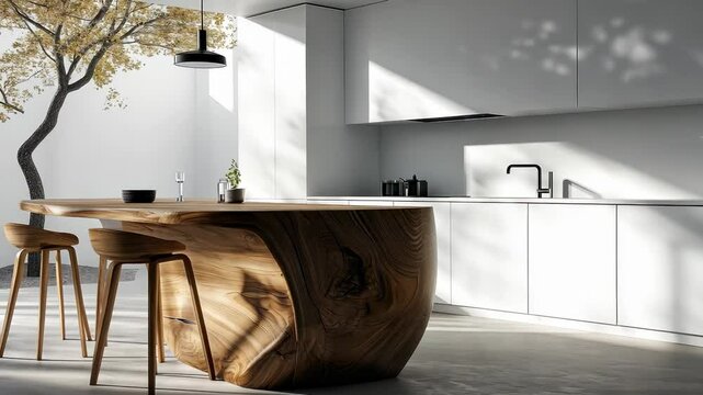 Modern kitchen interior with sleek marble countertop, wood bar chairs, water filtration system video 4k
