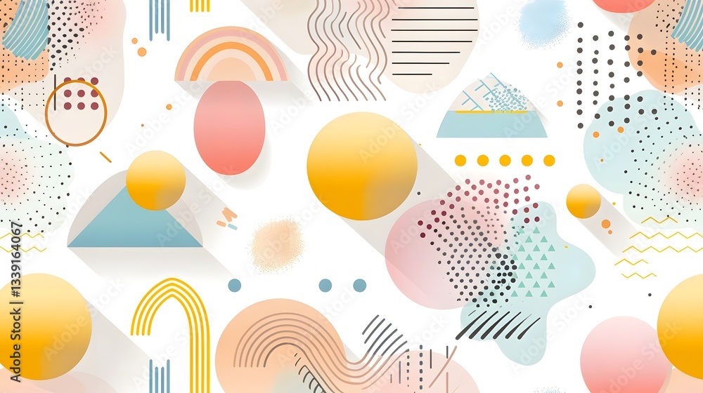Aufkleber retro 80s memphis style abstract geometric pattern with irregular shapes dots and playful squiggles 
