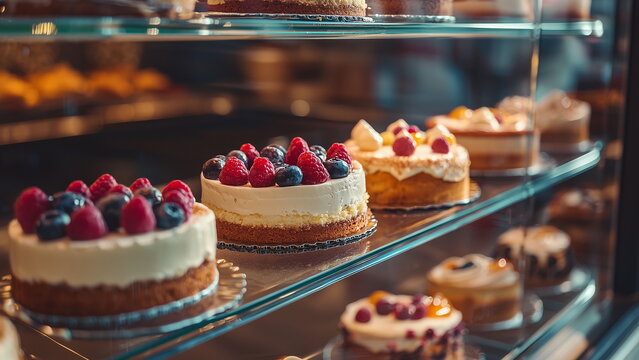 Delicious strawberry cake sits inside a refrigerated glass display shelf for sale in a bakery shop, its layers of sponge and cream topped with fresh, juicy strawberries