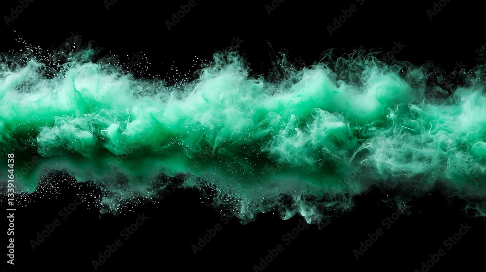 Poster dynamic green smoke wave flowing across black background creating ethereal visual effect