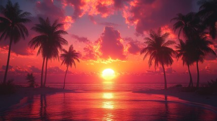 Vibrant sunset over tropical beach with palm trees.