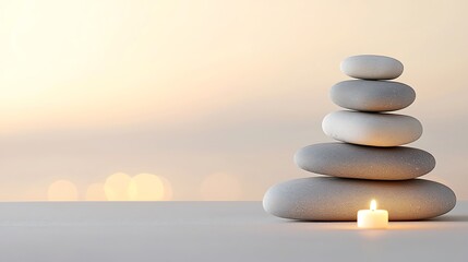 Balanced Stones and Candle, Sunset Background