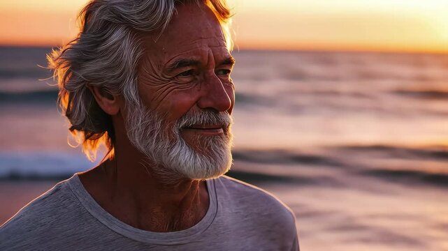 Senior man enjoys a peaceful walk on the beach at sunset, reflecting on life and nature's beauty, 64 year old man walking at the beach near sunset