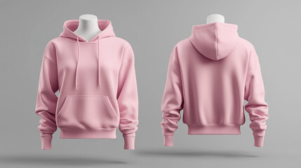 baby pink  pastel Hoodie jacket mock-up is displayed on a white mannequin, premium fleece hoodie with neat stitching details, front view has kangaroo pocket and drawstring hoodie, ai generated images.