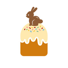 Easter bread with a chocolate bunny isolated on white background. Vector icon of a cute Easter cake in a simple flat cartoon style. Traditional paska bread frosted with gaze and sugar sprinkles