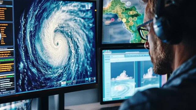 Weather professional analyzes hurricane activity during intense storm monitoring session, Weather professional monitoring hurricane activity on computer screen