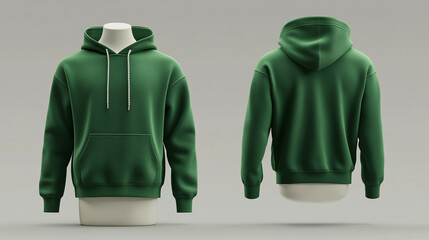 dark green Hoodie jacket mock-up is displayed on a white mannequin, premium fleece hoodie with neat stitching details, front view has kangaroo pocket and drawstring hoodie, ai generated images.