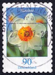 2001 Germany stamp featuring Narcissus poeticus, also known as poet's narcissus, pheasant's eye, or...