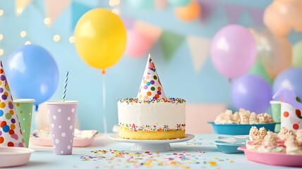 Colorful and Festive Birthday Party Setup with a Decorated Cake Balloons Confetti and Other Celebratory Decor on a Table