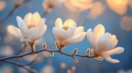 Magnolia bloom showcases three stunning white flowers on branch with soft, blurred blue background. Concept: ethereal beauty of magnolia bloom in serene, warm lighting.