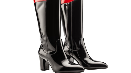 Black Patent Leather Boots Red Accents, Stylish High Heels for Winter and Autumn.