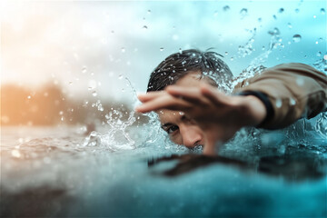Obraz premium Man Emerging from Water, Close-Up Photo, Swimming in Blue-Green Water with Splashes, Focus on Intense Eye Contact and Motion