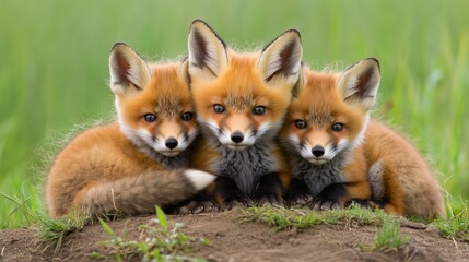 Fototapeta premium Playful foxes in nature animal family portrait vibrant green background