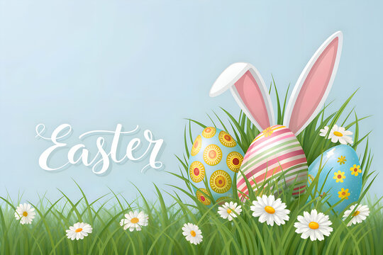Osterbild mit bunter Wiese, Ostereiern und Hasenohren als kreative Illustration