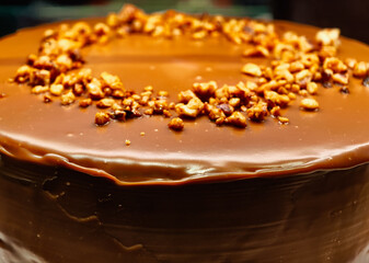 Chocolate Cake with Crunchy Caramel Topping Decadent Dessert Professional Food Photography Gourmet Bakery Premium Baked Treat Elegant Presentation