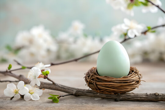 Osterbild mit pastellgr&uuml;nem Osterei in kleinem Nest, umgeben von wei&szlig;en Bl&uuml;ten