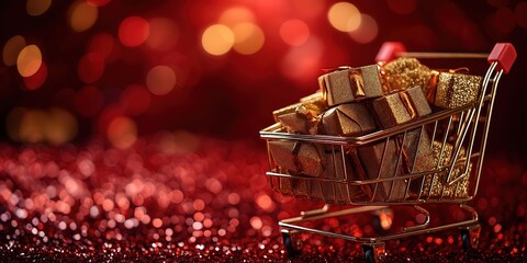 Golden shopping cart with many gift boxes on red background , copy space area