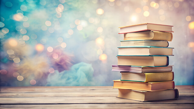  book stack background, soft pastel hues blending, books in varying sizes and colors, inspiring and educational atmosphere with copy space  