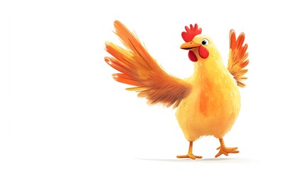Fototapeta premium A cheerful yellow chicken spreads its wings happily