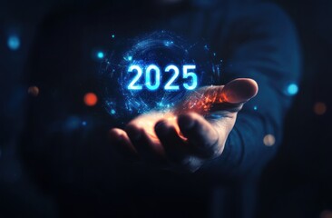 A hand presenting the future year twenty twenty five in light