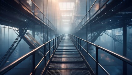Obraz premium Mysterious pathways unfold in a contemporary industrial environment, illuminated by soft light.