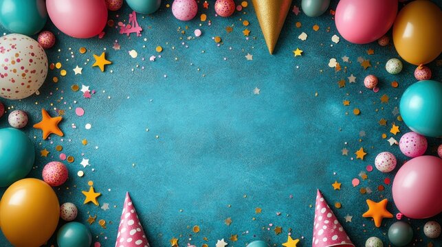 Birthday party background with balloons, confetti, hats on blue surface