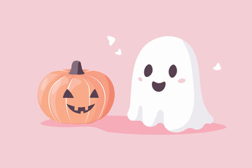 Cute Pink and White Ghost with Pumpkin Playful Spooky Halloween Illustration for Festive Creative Design