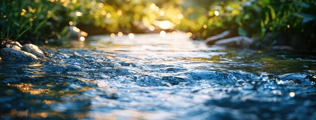 close up of tranquil river, symbolizing flow of nature, surrounded by lush greenery and sparkling water. serene atmosphere evokes sense of peace and calm