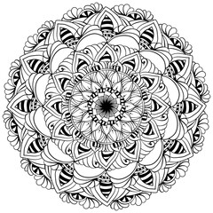 Abstract outline mandala with zen patterns, intricate coloring page for activity or design