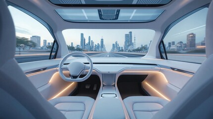 Fototapeta premium Interior futurista y minimalista de un transporte autónomo o vehículos sin conductor - A futuristic driverless car controlled by artificial intelligence en España