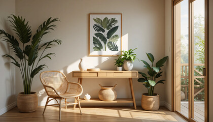 Minimalist Room with Natural Decor and Wooden Furniture.