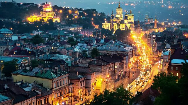 Nighttime cityscape with illuminated streets and cars in motion captured from above, Top view of night city with cars and night lights night Ternopil Ukraine Night life