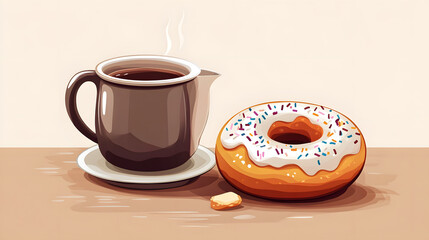 Professional Illustration of a Delectable Coffee in Plastic Pot and Donut
