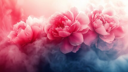 Fototapeta premium Vibrant peony flowers arranged in triangular formation, soft blurred background of pink and blue hues. Concept: serenity and beauty through peony flowers in ethereal light.