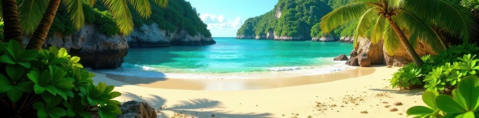 Fototapeta premium Golden sand, turquoise water, lush vegetation, pristine, white, dunes
