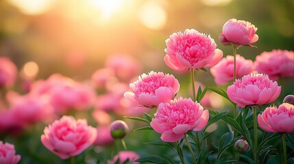 Fototapeta premium Photo of vibrant peony flowers at sunset, with soft background. Concept: serene, romantic atmosphere featuring beautiful peony flowers in full bloom.