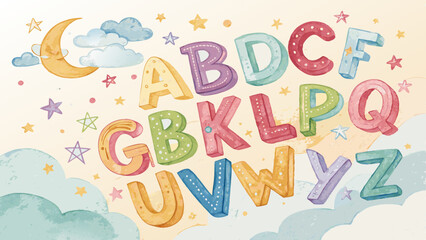 Watercolor alphabet letters background, playful arrangement of letters in various colors, creative and engaging atmosphere for learners with copy space  