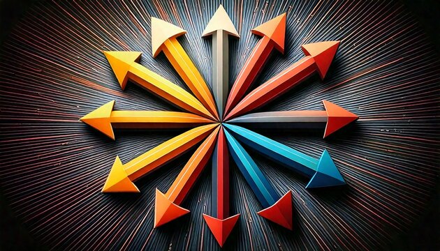 colorful arrows in all different directions isolated on background start from center one point outwards out outward