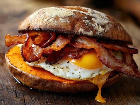 Delicious breakfast sandwich featuring crispy bacon, fried egg, and sweet potato on toasted bread with rich colors and textures for appetizing visuals
