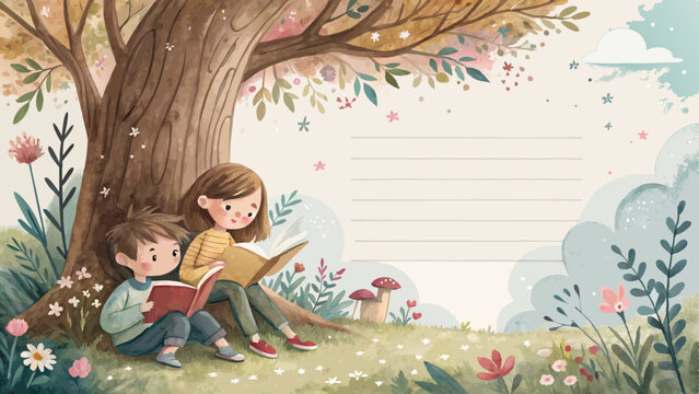 Watercolor storytelling scene background, whimsical illustrations of children reading under a tree, enchanting and imaginative feel with copy space  
