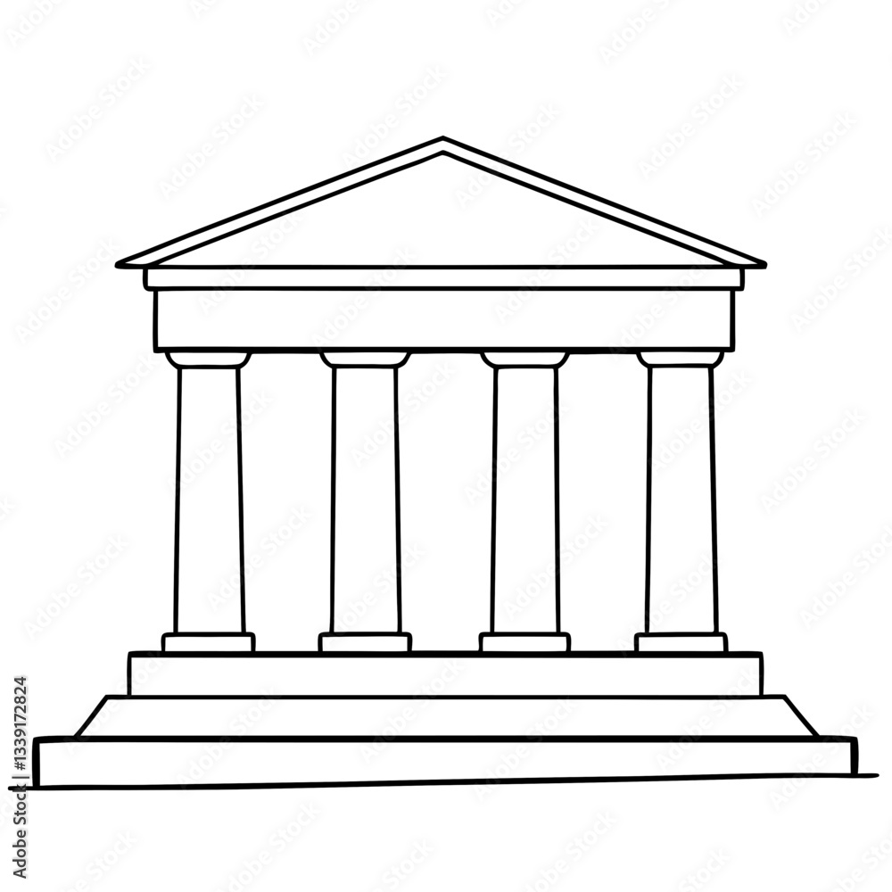 Poster a classical building features columns and a triangular pediment, presented in a line art style vecto