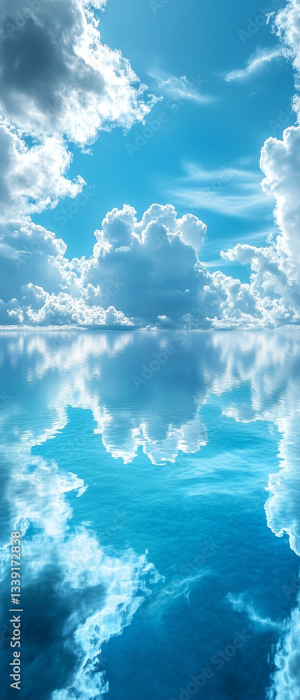 Poster cloudscape reflection: a breathtaking view of a cloudscape reflected in calm water, capturing the ex