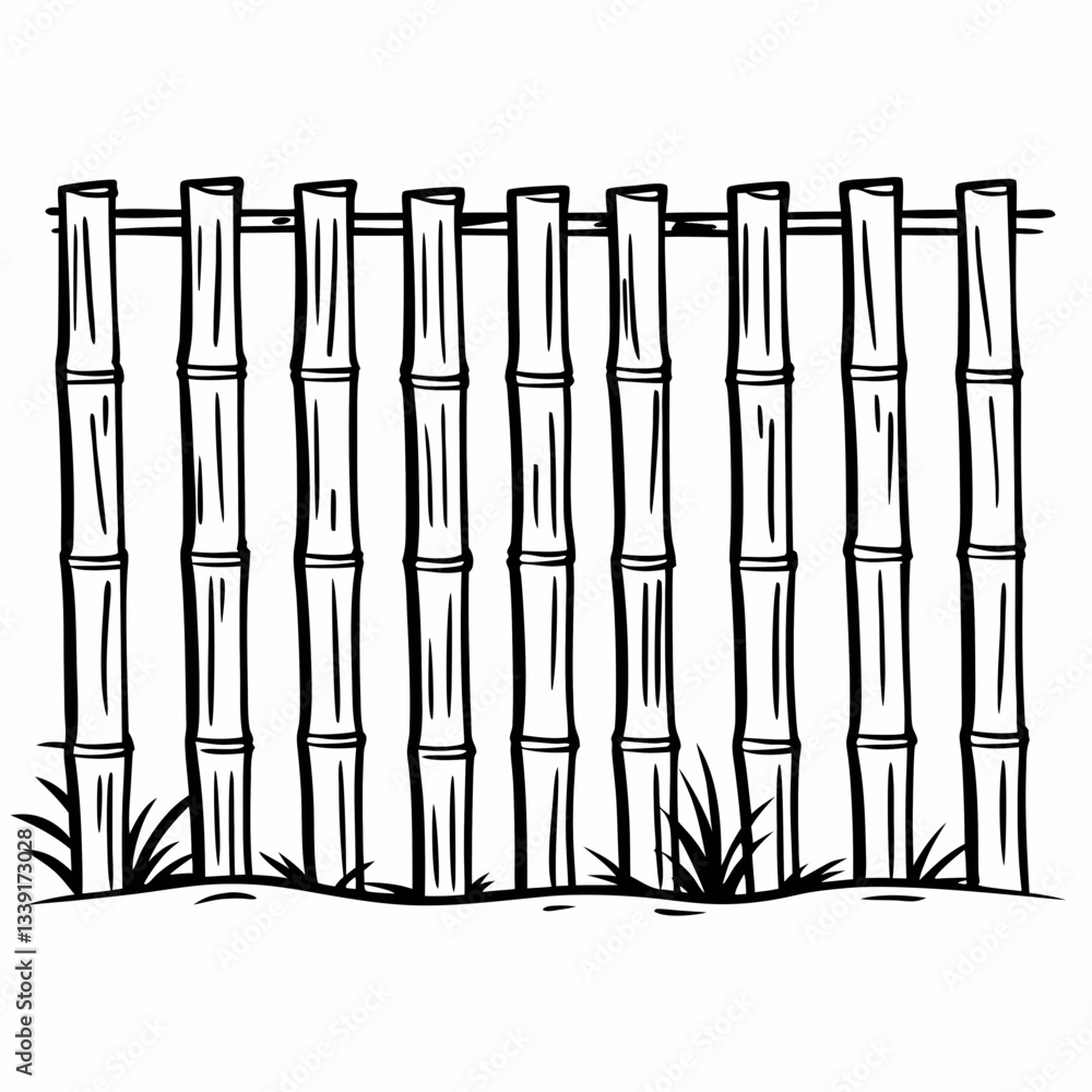 Poster a hand-drawn image of a bamboo fence with simple outlines and minimalistic design, standing in front