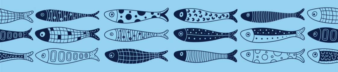 Vector seamless horizontal border with fish. Cute illustration. Sardines, salmon, tuna, tilapia.